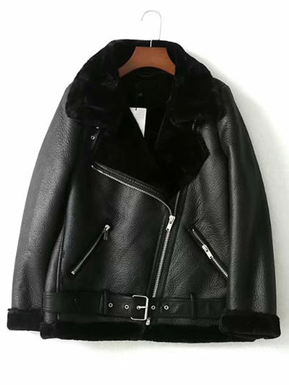 Thick and warm faux leather jacket Coat women's beige long-sleeved belt jacket women 2025 winter fashion new streetwear Tops