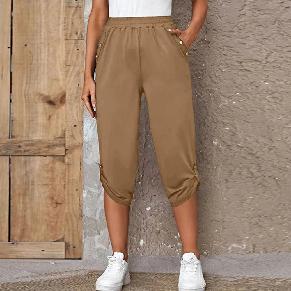 Women Elastic Waist Casual Trousers Bottom Elegant Office Lady Loose Cropped Pants