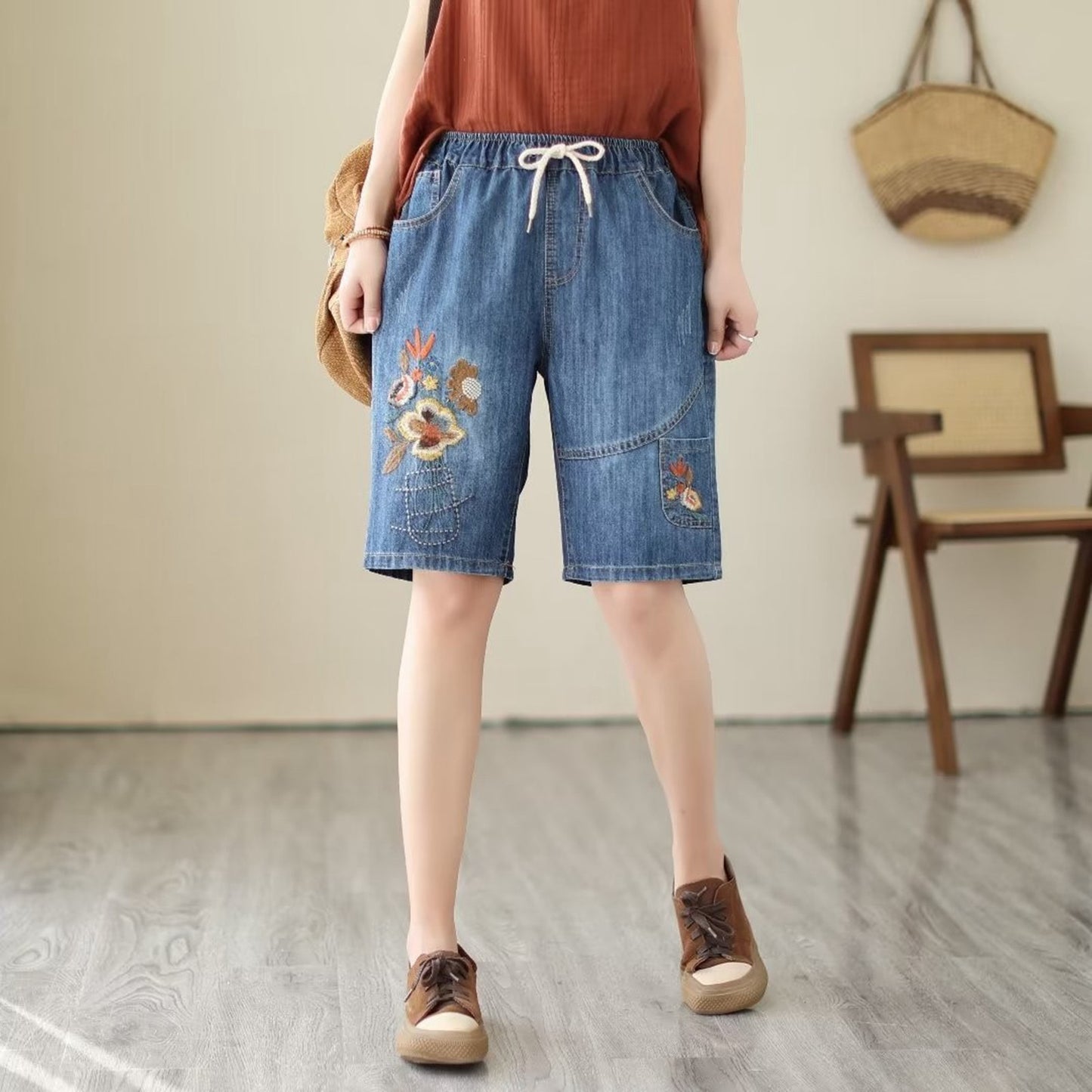 Women Summer Embroidery Self Tie Plus Size Mid Length Pants Artistic Casual Ripped