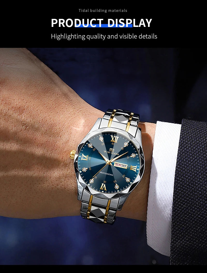 Men Watch Water Diamond Luxury Night Glow Double Calendar Quartz Movement 41mm Blue Gold Stainless Steel