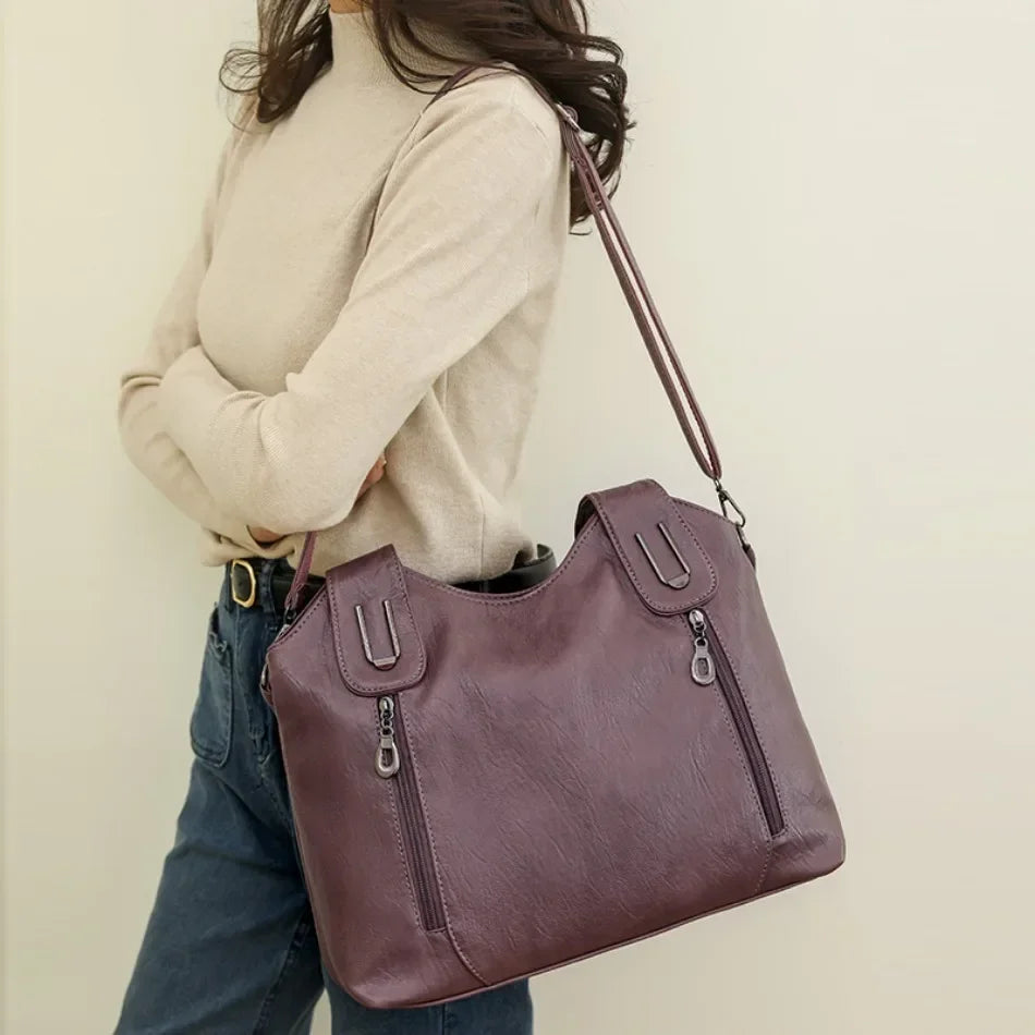 Solid Color Handbag Soft Leather Tote Bag Casual Big Shoulder Messenger Bags