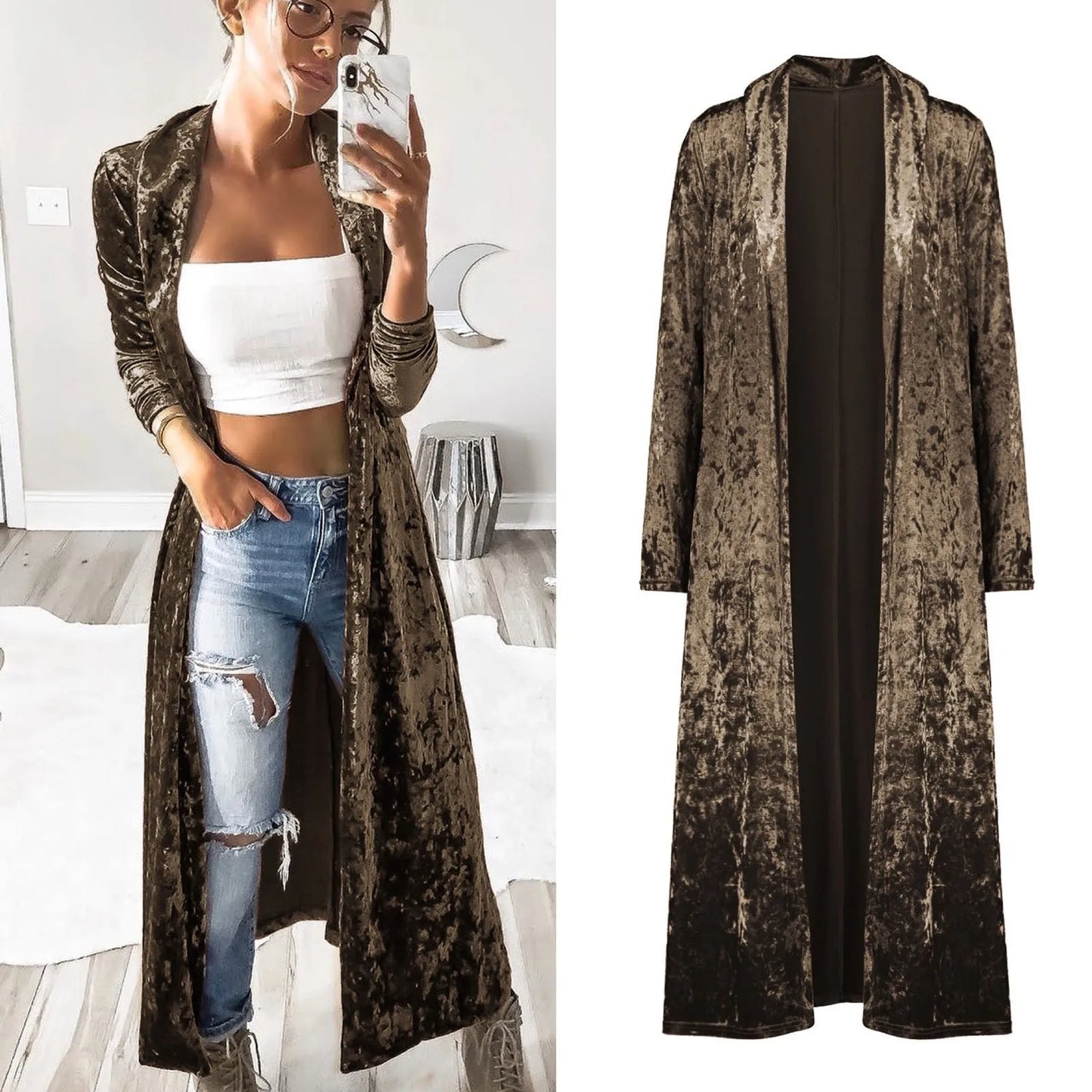 Women's Lightweight Overcoat Velvet Retro Open Front Cardigan Ladies Windbreaker