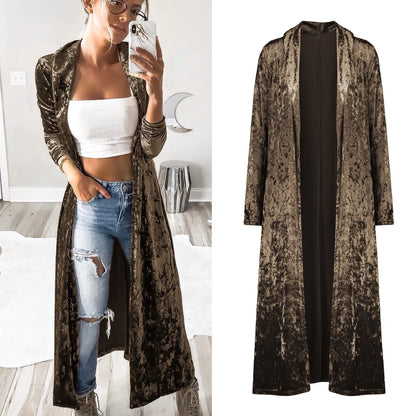 Women's Lightweight Overcoat Velvet Retro Open Front Cardigan Ladies Windbreaker