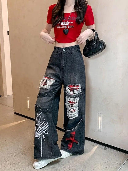 Women's Black Gothic Baggy Jeans Y2K Japanese Harajuku High Street High Waist Fashion Loose Wide Leg Retro Jeans Clothing 2025