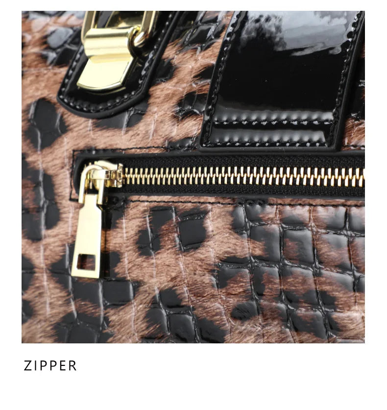 Leopard Handbag Leather Women's Bag Large Capacity Boston Bag Fashion Versatile Cowhide One Shoulder Crossbody Bag