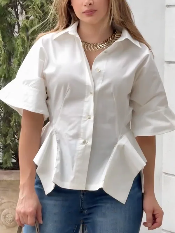 Cotton White Blouses Half Sleeve Loose Buttoned Solid Color Casual Asymmetrical