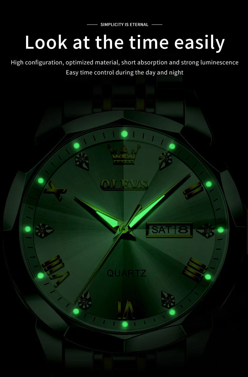 Gold Original Quartz Wristwatch Waterproof Luminous Watch for Male Rhombus Mirror Date Week