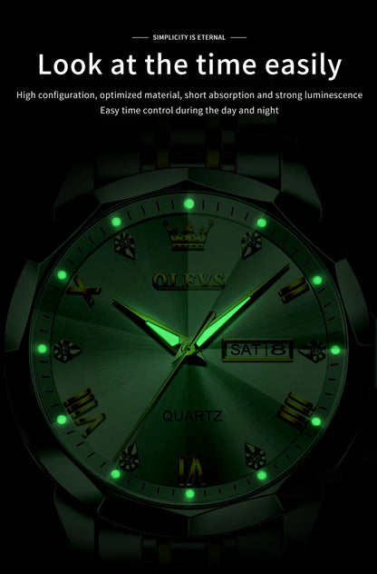 Gold Original Quartz Wristwatch Waterproof Luminous Watch for Male Rhombus Mirror Date Week