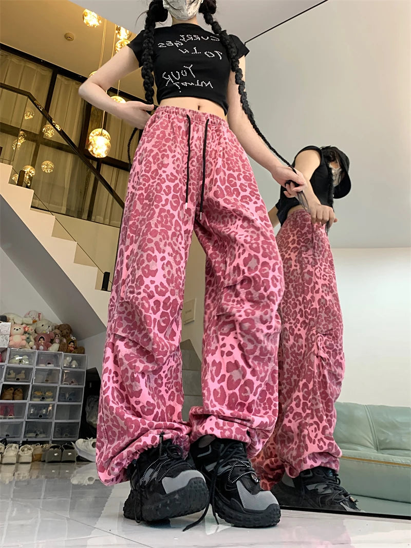 Women's Red Leopard Pants Jogger Harajuku Streetwear Sweatpants Loose Pants Y2k Retro 2000s Aesthetic Vintage Trousers Clothes