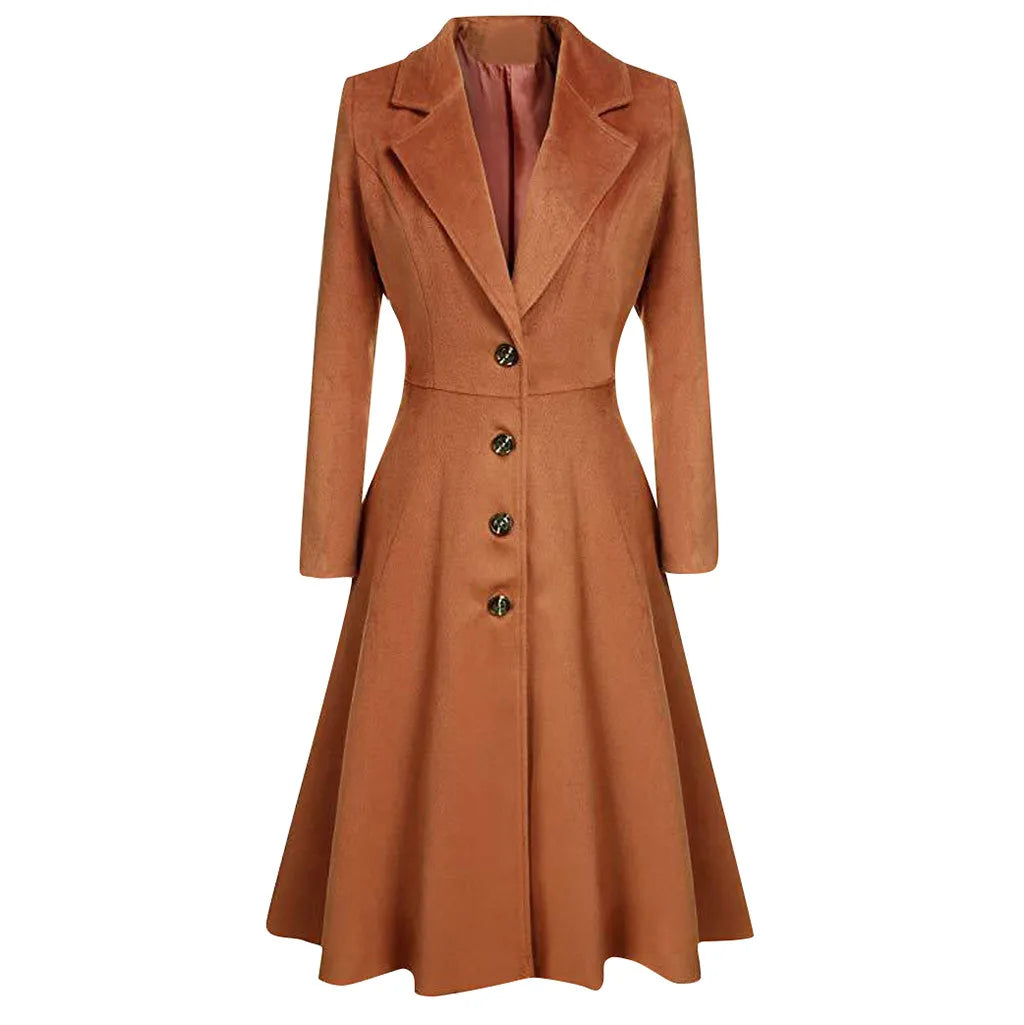 Lapel Button Long Trench Coat Windbreak Overcoat Women Jacket