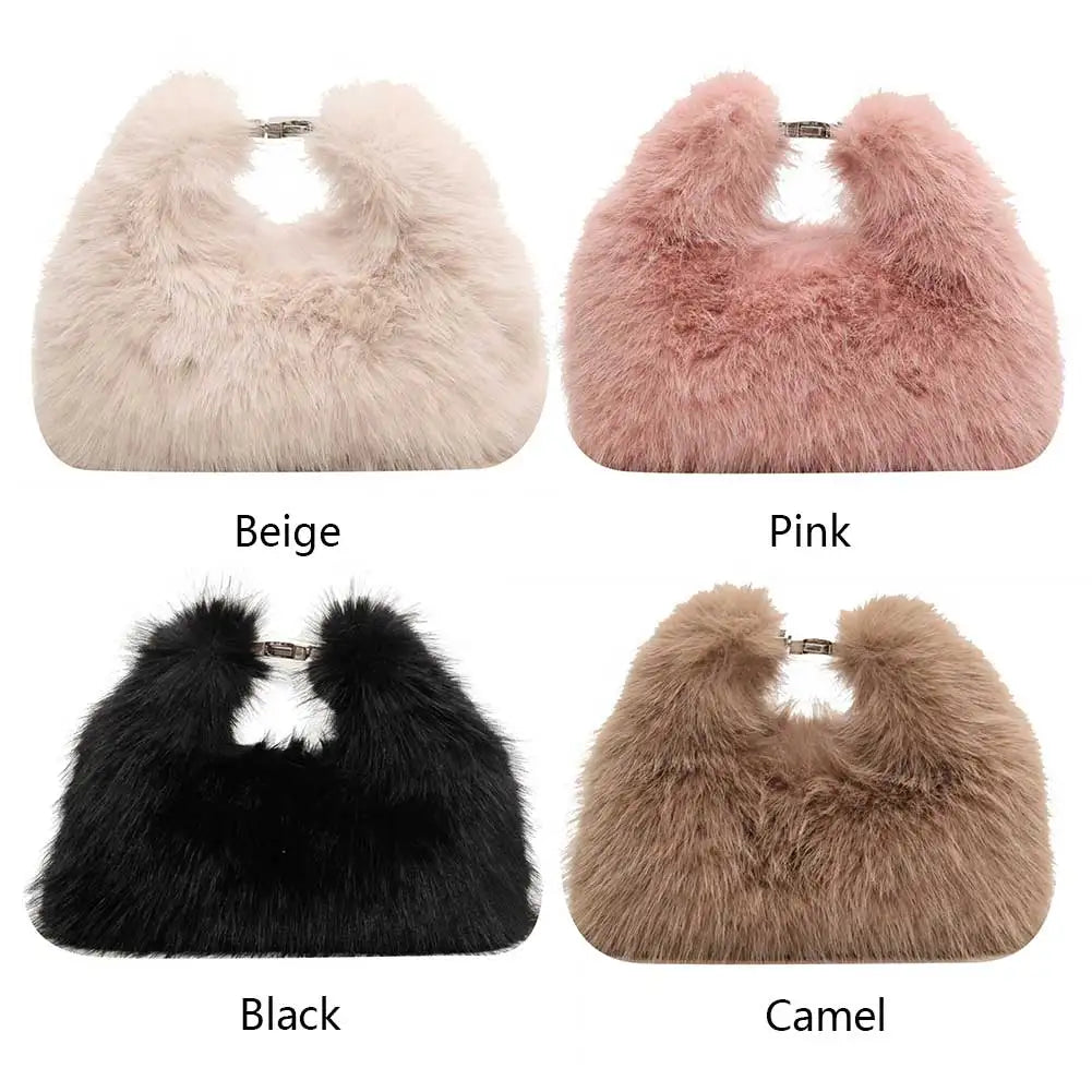 Women Faux Fur Shoulder Bag Adjustable Strap Fluffy Crossbody Bag Solid Color Clutch Purse Hobo Bag for Travel Party