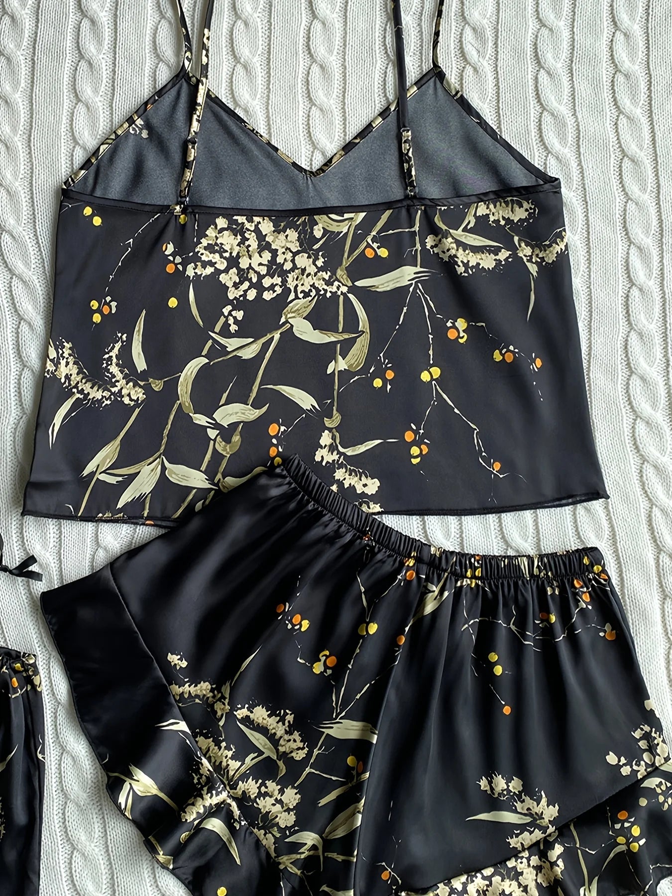 Elegant Floral Print Cami Tops   Ruffle Hem Shorts Pajama Set  Women's Sleepwear