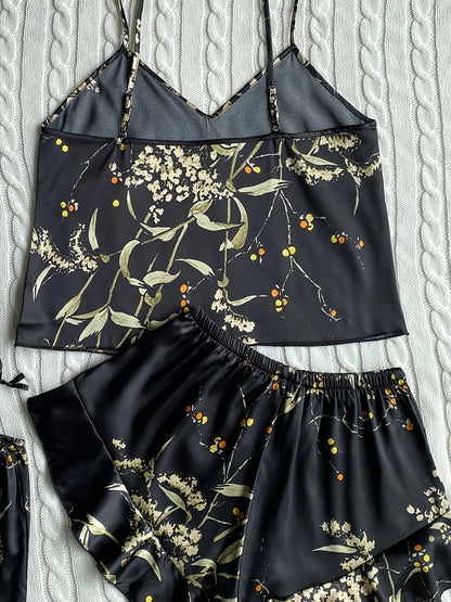 Elegant Floral Print Cami Tops   Ruffle Hem Shorts Pajama Set  Women's Sleepwear