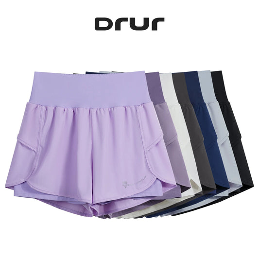 DRUR Yoga Short Woman Jogging Fitness Elastic Waist 2 In 1 Workout Shorts With Pockets