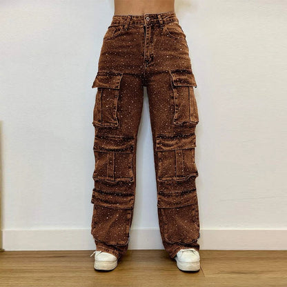High Waist Cargo Denim Jeans With Full Rhinestones Sparkling Casual Baggy Pants Streetwear Chic Daily Trousers