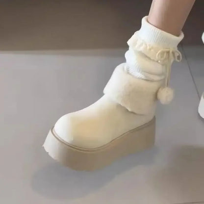Thick Bottom Warm Anti-Slip Cotton Snow Boots Women's Winter Fleece Lined Booties Non-Slip Rubber Sole Ankle Boots