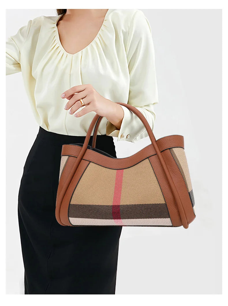 checkered women's handbag, large capacity luxury bag, canvas genuine leather bag