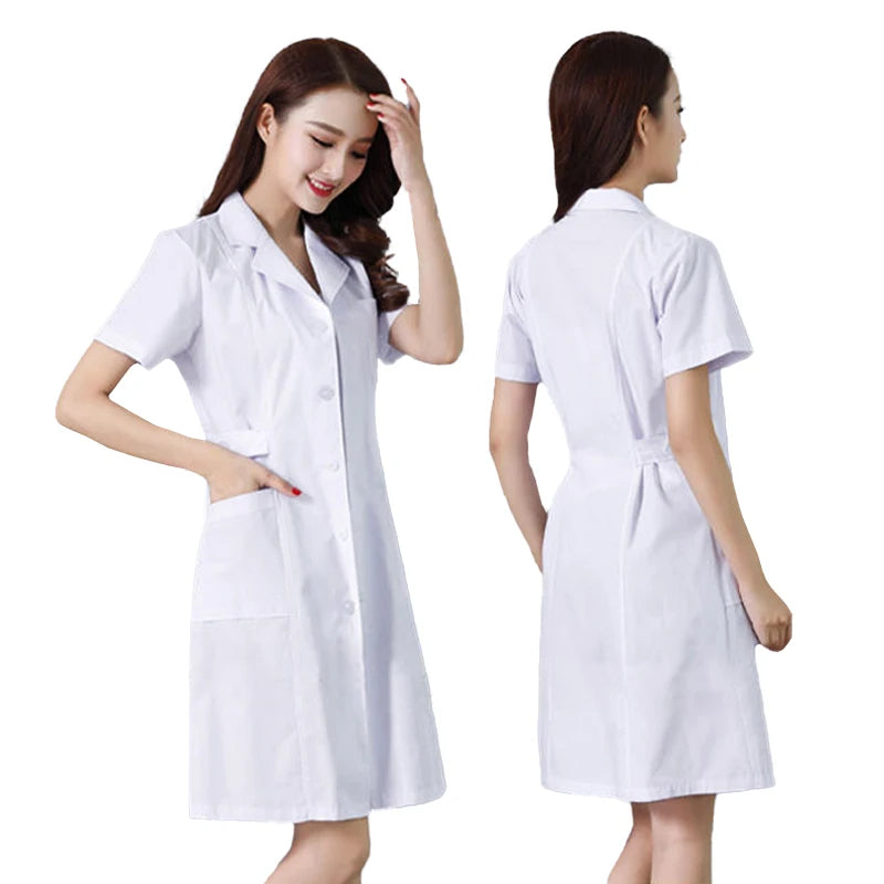 Hospital Clinical Uniforms Scrubs Lab Coat Pharmacy Short Sleeve Nurse Doctor Dress Medical Robe Women White Coat