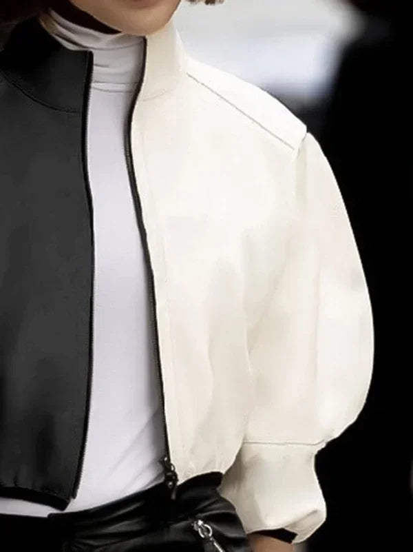 Female Stylish Stand Collar Zipper Jackets Loose Puff Sleeves Contrast Color Casual Fashion Outerwears 2025 New