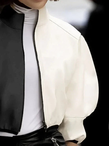 Female Stylish Stand Collar Zipper Jackets Loose Puff Sleeves Contrast Color Casual Fashion Outerwears 2025 New