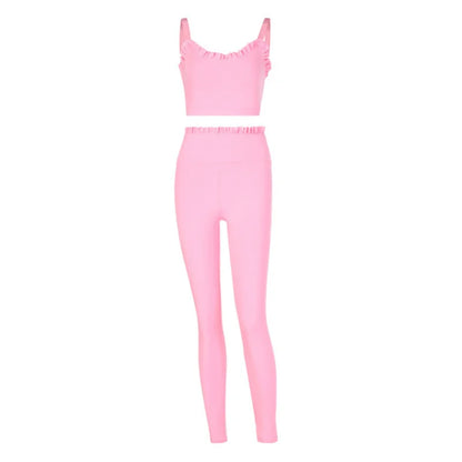 Solid Color Wood Ear Bra & Hip-Lifting High Waist Leggings Pants Fitness Yoga Two Pieces Set