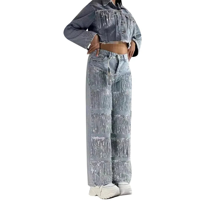 Sparkling Fringes Embellished Wide Leg Jeans Women Trendy Silver Tassel Denim Pants