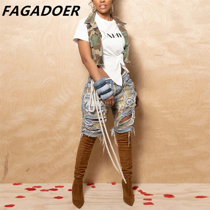 Hole Print Pants Casual High Waist Button Straight Jeans Summer Female