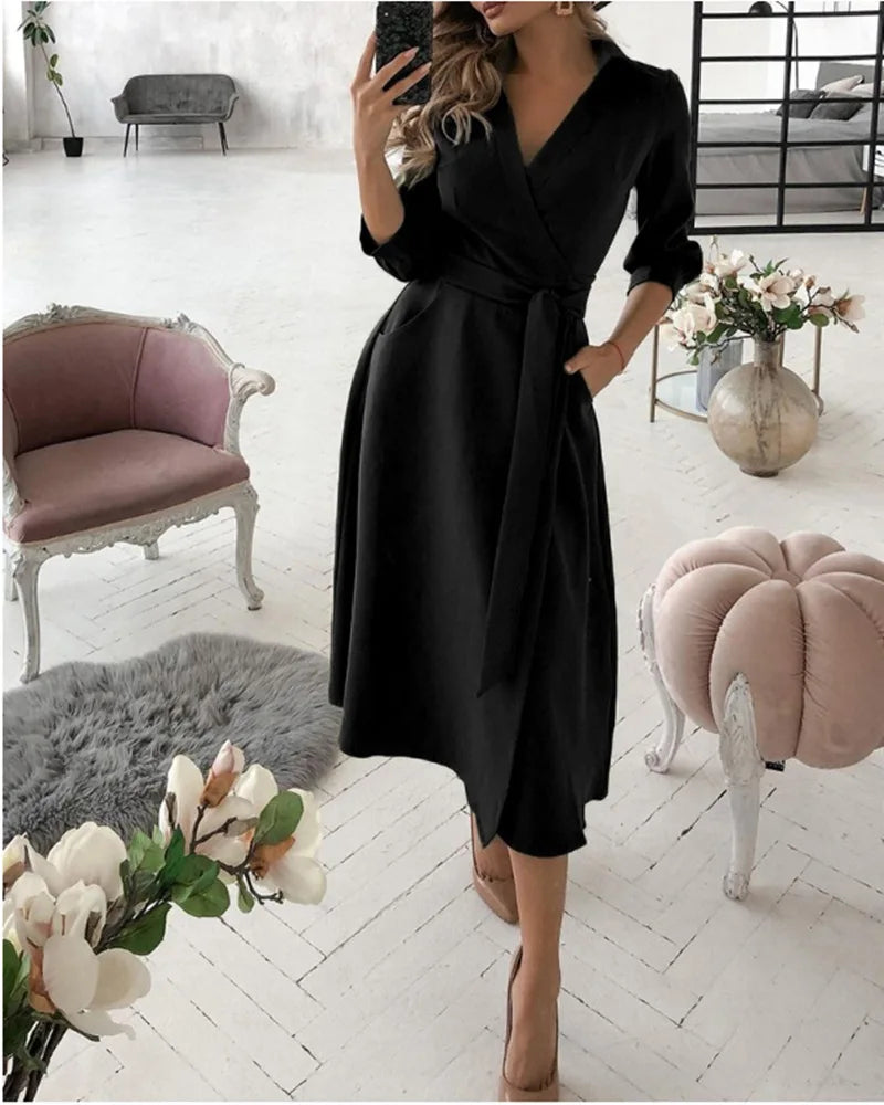 A-Line Wrap Summer Dress Long Sleeve V-Neck Dress Pocket Elegant Midi Party Dress