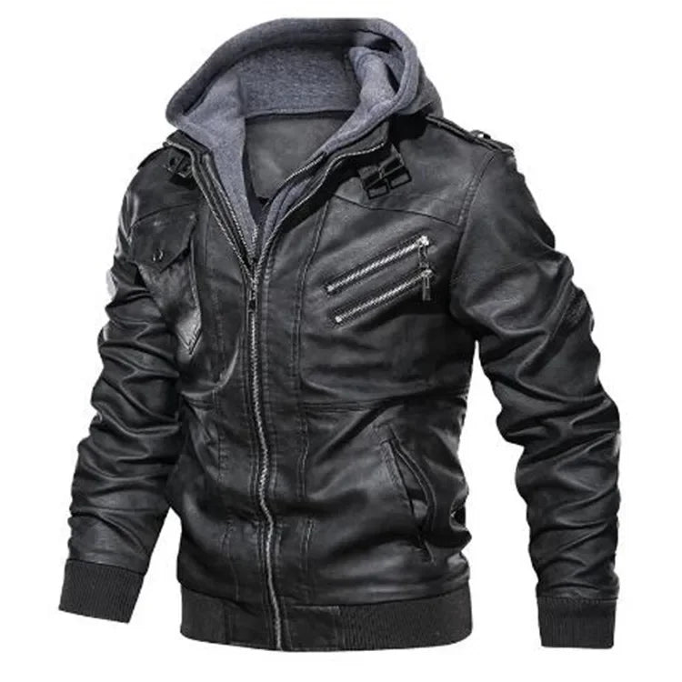 Motorcycle Leather Jacket Hat Detachable Men Hooded Slim Casual Coats