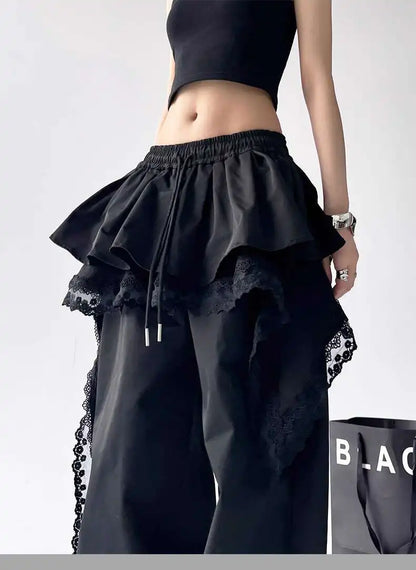 Y2K Black Cargo Pants Women Lace Patchwork White Wide Leg Pants