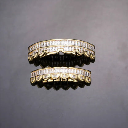Baguette Teeth Grillz Set For Unisex Top Bottom Iced Out Cubic Zircon Stone Brass Material Hip Hop