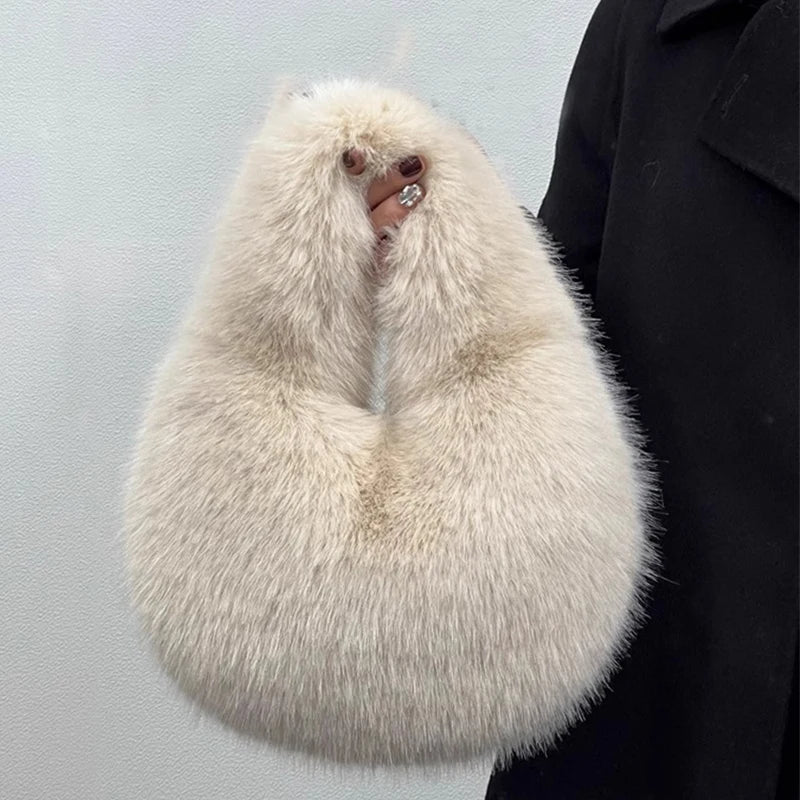 Soft Plush Half Moon Bags for Women Designer Fluffy Faux Fur Lady Handbags Luxury Small Tote