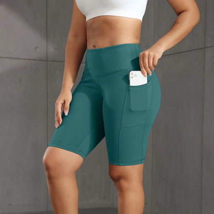 Solid Yoga Shorts with 3 Pockets High Waist Butt Lifting Elastic Cycling Shorts Activewear