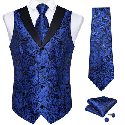 Men's Paisley Silk Suit Vest with Macthing Golden Paisley Neck Tie Handkerchief Cufflinks Wedding Prom Tuxedo Waistcoat