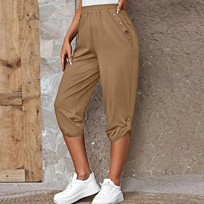 Women Elastic Waist Casual Trousers Bottom Elegant Office Lady Loose Cropped Pants