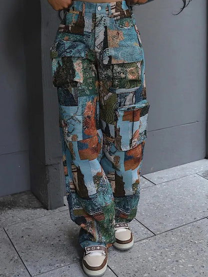 3D Print Wide Leg Cargo Active Hip Hop Straight Sweatpants Trousers