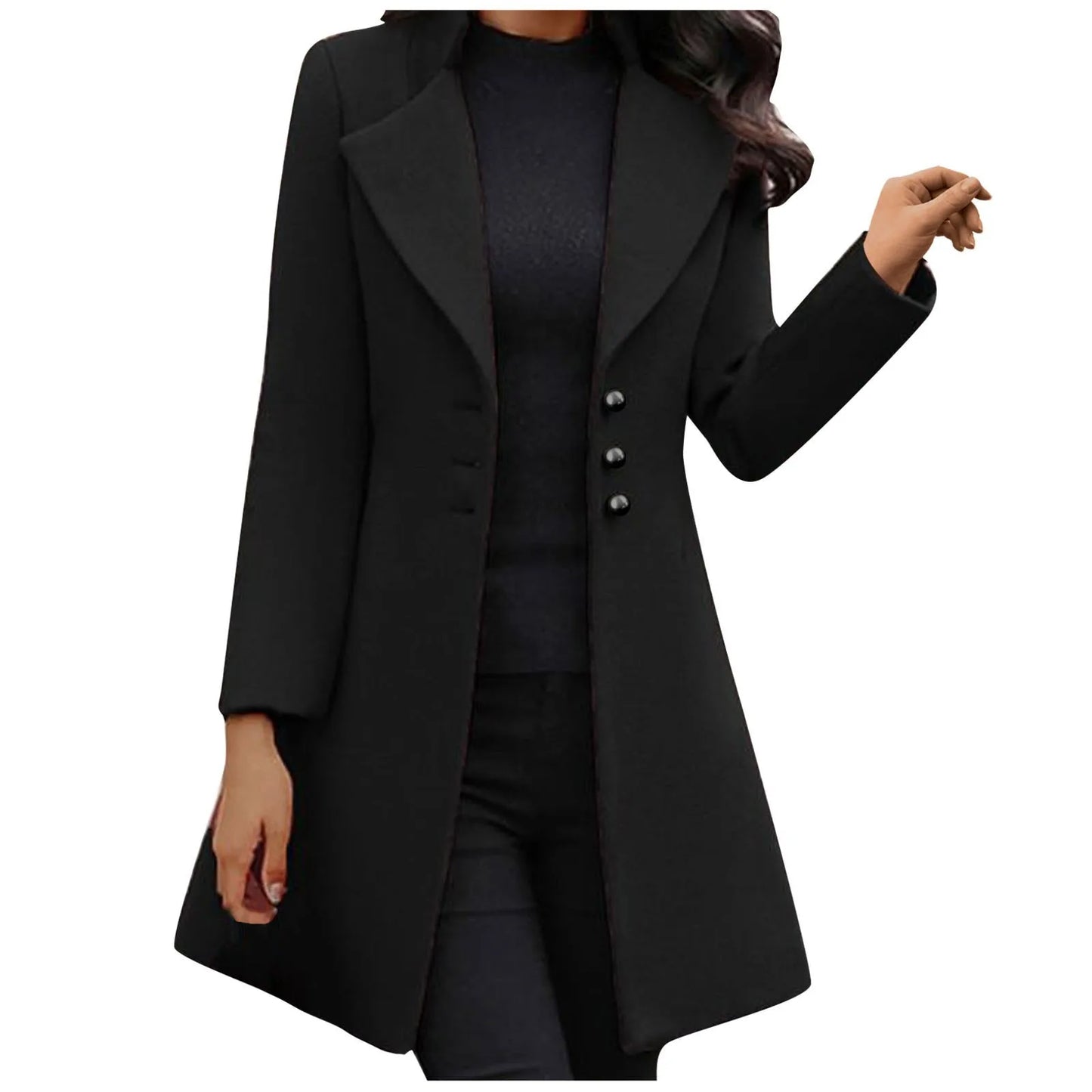 Womens Lapel Trench Coat Winter Wool Blend Mid Long Outwear Fleece Jacket Solid Color Elegant