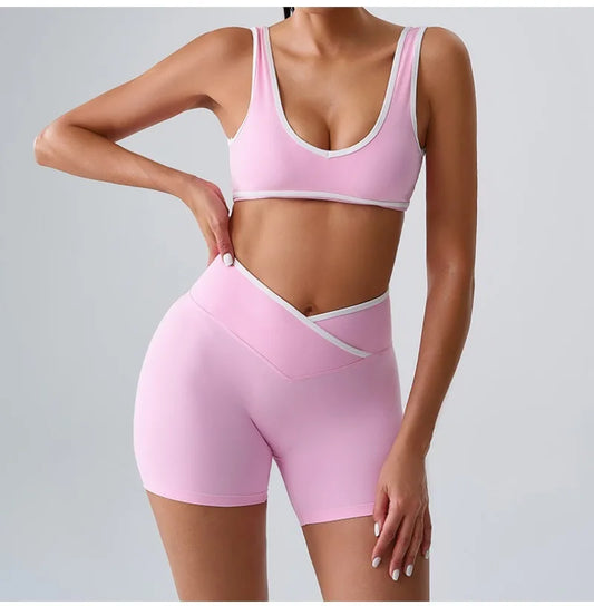 Seamless Yoga Sets Sports Fitness cross waist  Waist Hip-lifting Shorts Bra Suit