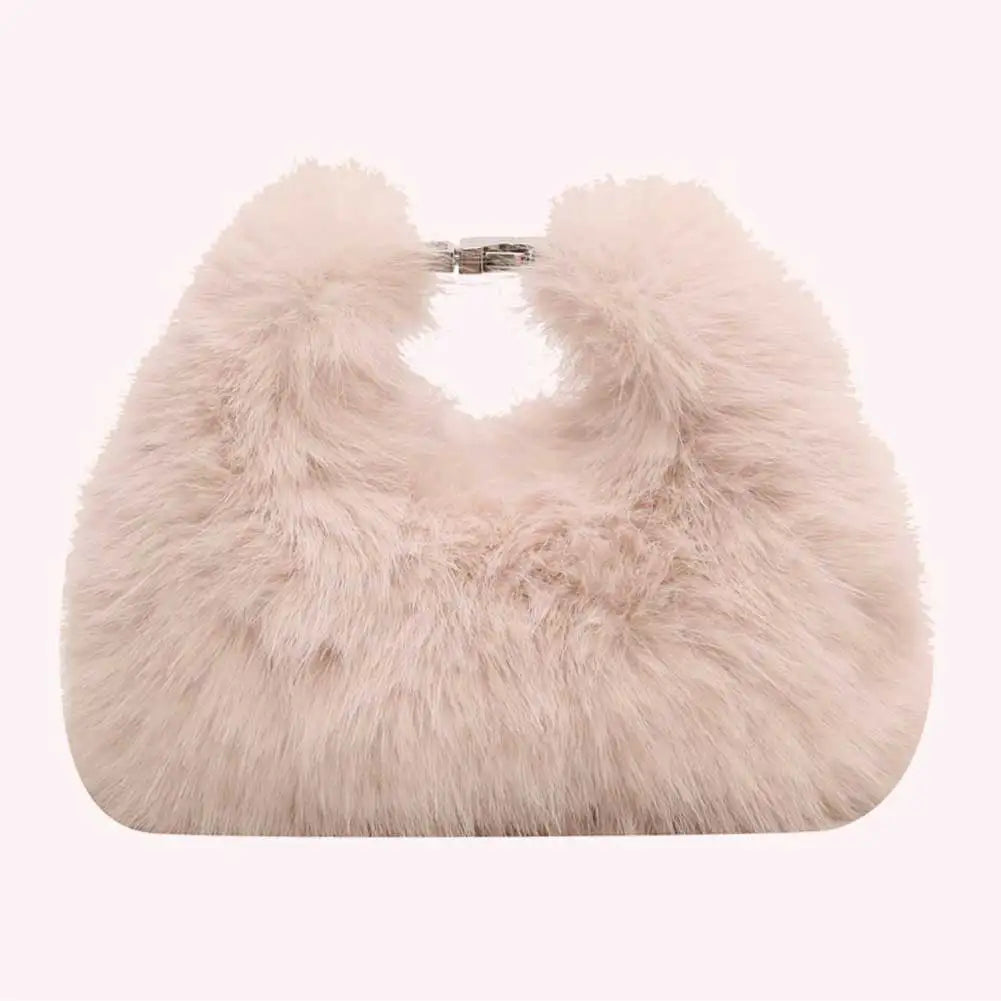 Women Faux Fur Shoulder Bag Adjustable Strap Fluffy Crossbody Bag Solid Color Clutch Purse Hobo Bag for Travel Party