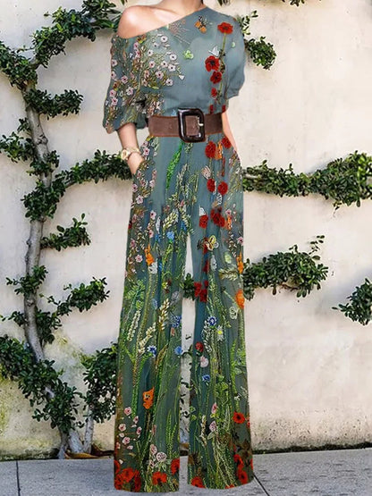 Elegant Pattern Print Party Jumpsuit Off Shoulder Wide Leg Pant Playsuit