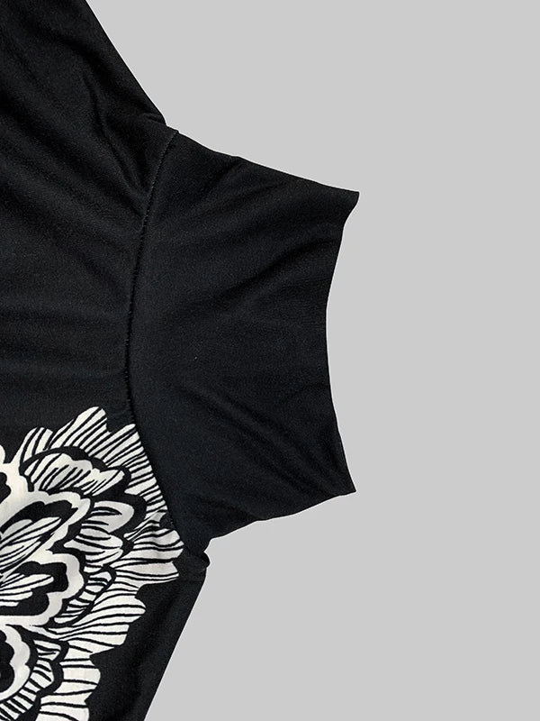 Asymmetric Floral Printed High Neck T-Shirt Long Batwing Sleeve Loose Casual