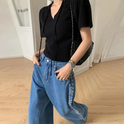 Metal Rivet Wide Leg Jeans Trousers Baggy Low Rise Pockets Denim