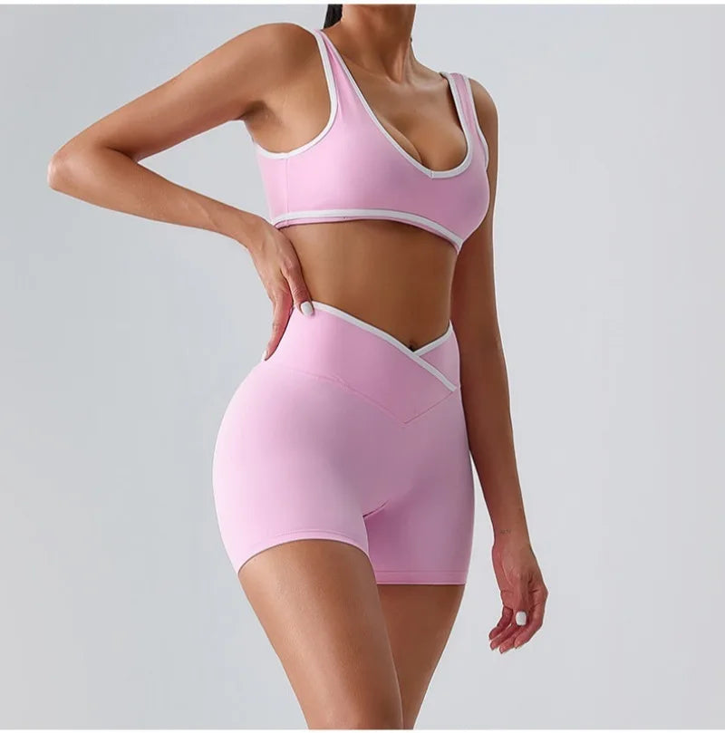 Seamless Yoga Sets Sports Fitness cross waist  Waist Hip-lifting Shorts Bra Suit