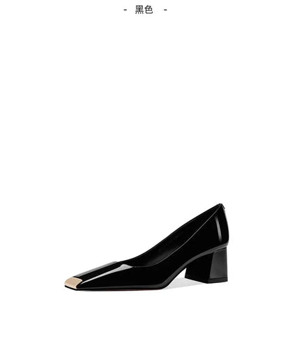 Ladies pumps chunky heels leather square head shallow mouth comfortable