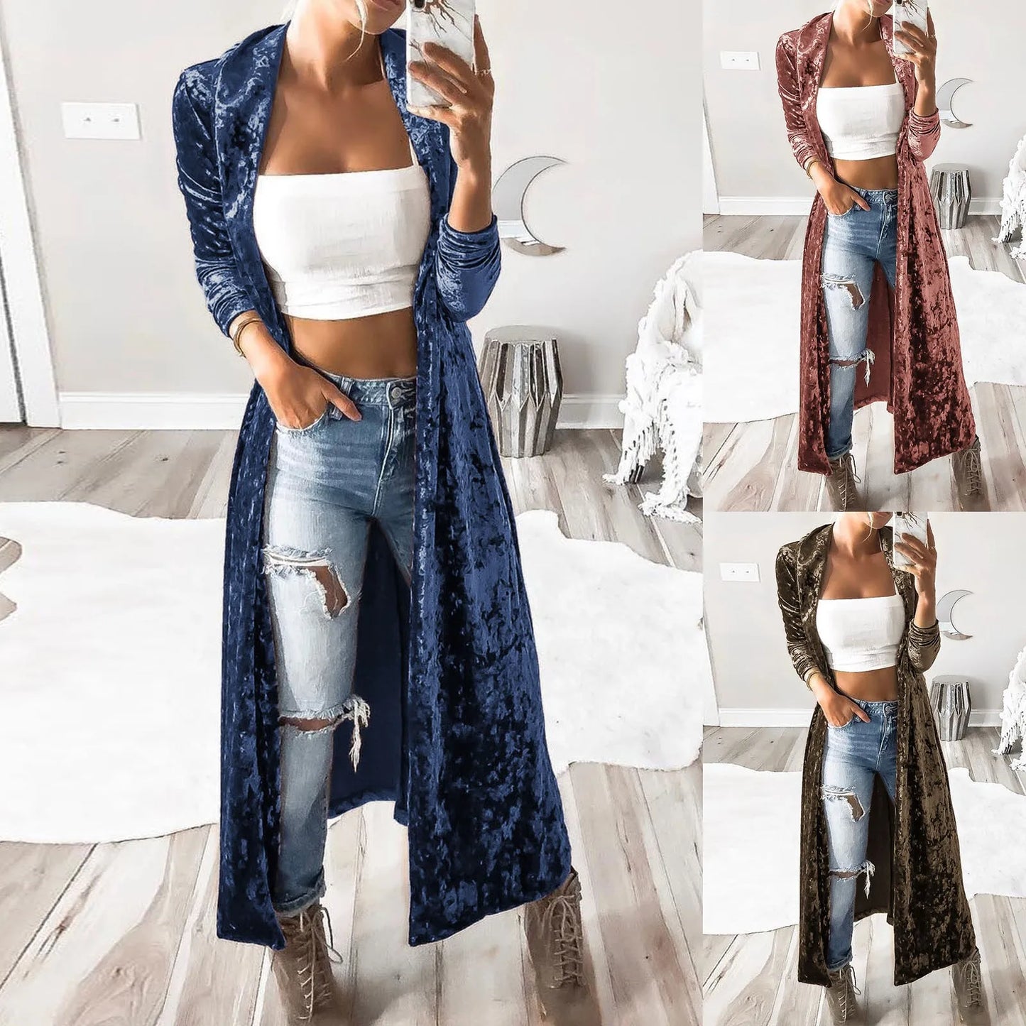 Women's Lightweight Overcoat Velvet Retro Open Front Cardigan Ladies Windbreaker