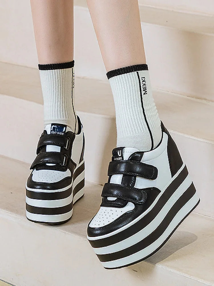 High quality 12cm Synthetic Genuine Leather Boot Ankle Platform Wedge High Brand Chunky Sneaker Shoes