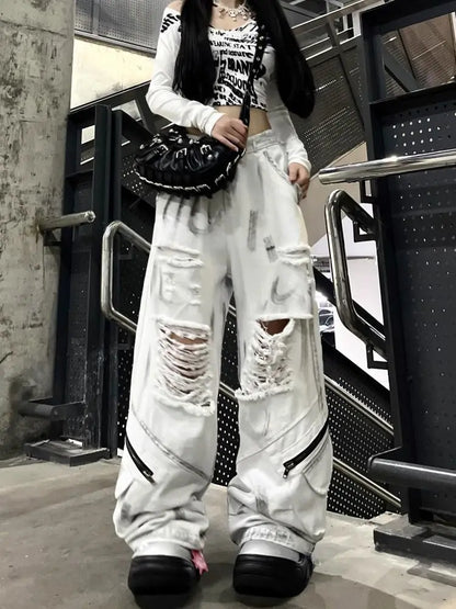 Women's White Ripped Cargo Baggy Jeans Y2K Oversize Japanese Harajuku High Street 2000S Style Aesthetic Vintage Jeans Clothing