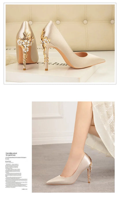 Women's Metal Flowers Stiletto High-heel Shoes Female  Light Luxury Wedding Shoes Pointed Toe