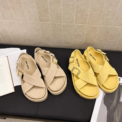 Genuine Leather Cross Strap Roman Sandals Casual Comfortable Women's Platform