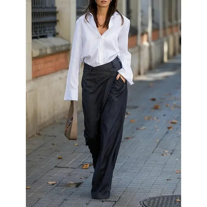 Office Lady Suit Pants High Waisted Wide Leg Floor-Length Urban Casual Commute Trousers For Women